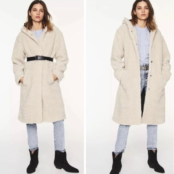 Ba&sh Paris Filip Hooded Teddy Faux Fur Long Ecru with Belt Coat Jacket NWT - Picture 2 of 15